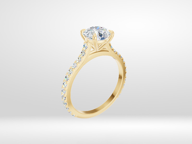 A rendering of a cathedral-set diamond ring in yellow gold