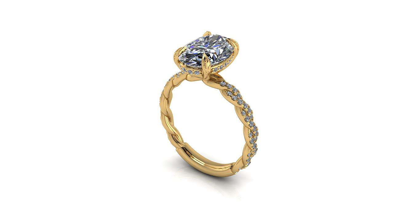 A CAD render of a yellow gold ring with an oval diamond on a braided, diamond-set band