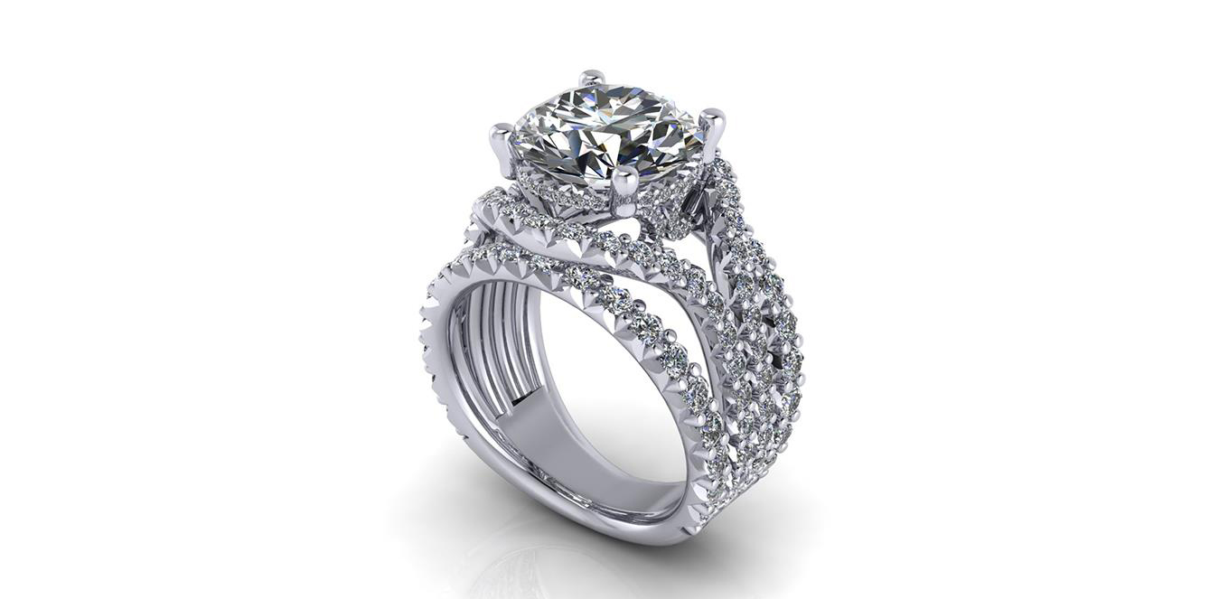A CAD render of a wide white-metal ring with a round diamond and four crossing rows of pavé