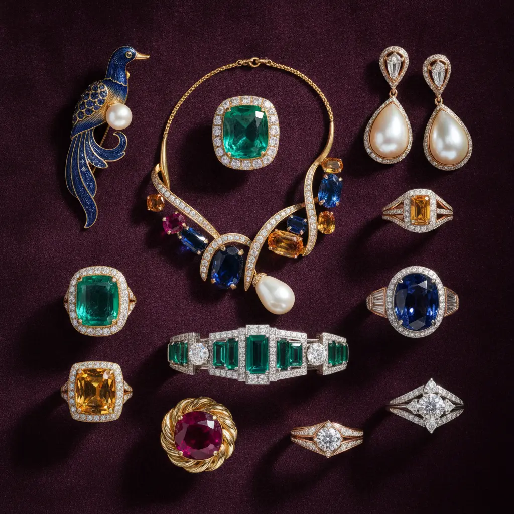 A curated collection of estate jewelry arranged on velvet