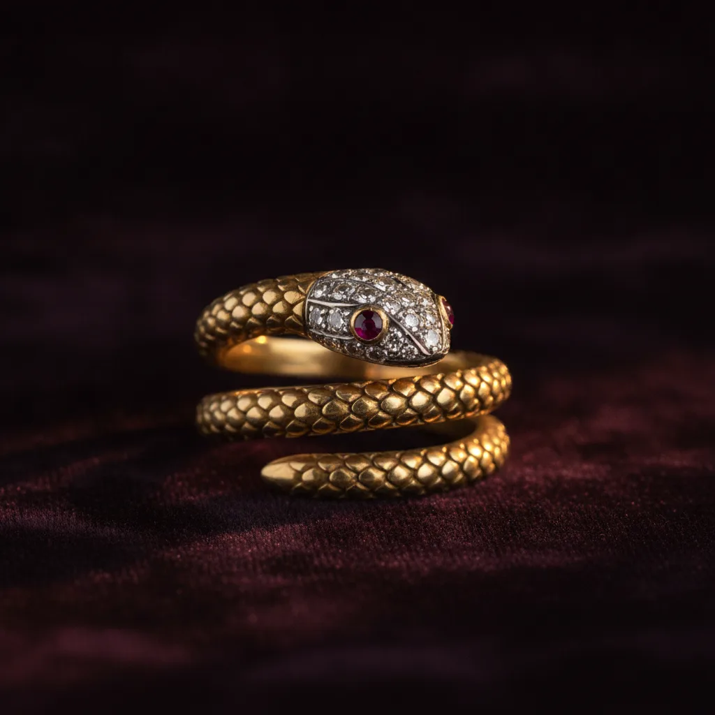 Victorian yellow-gold serpent ring with diamond head and ruby eyes