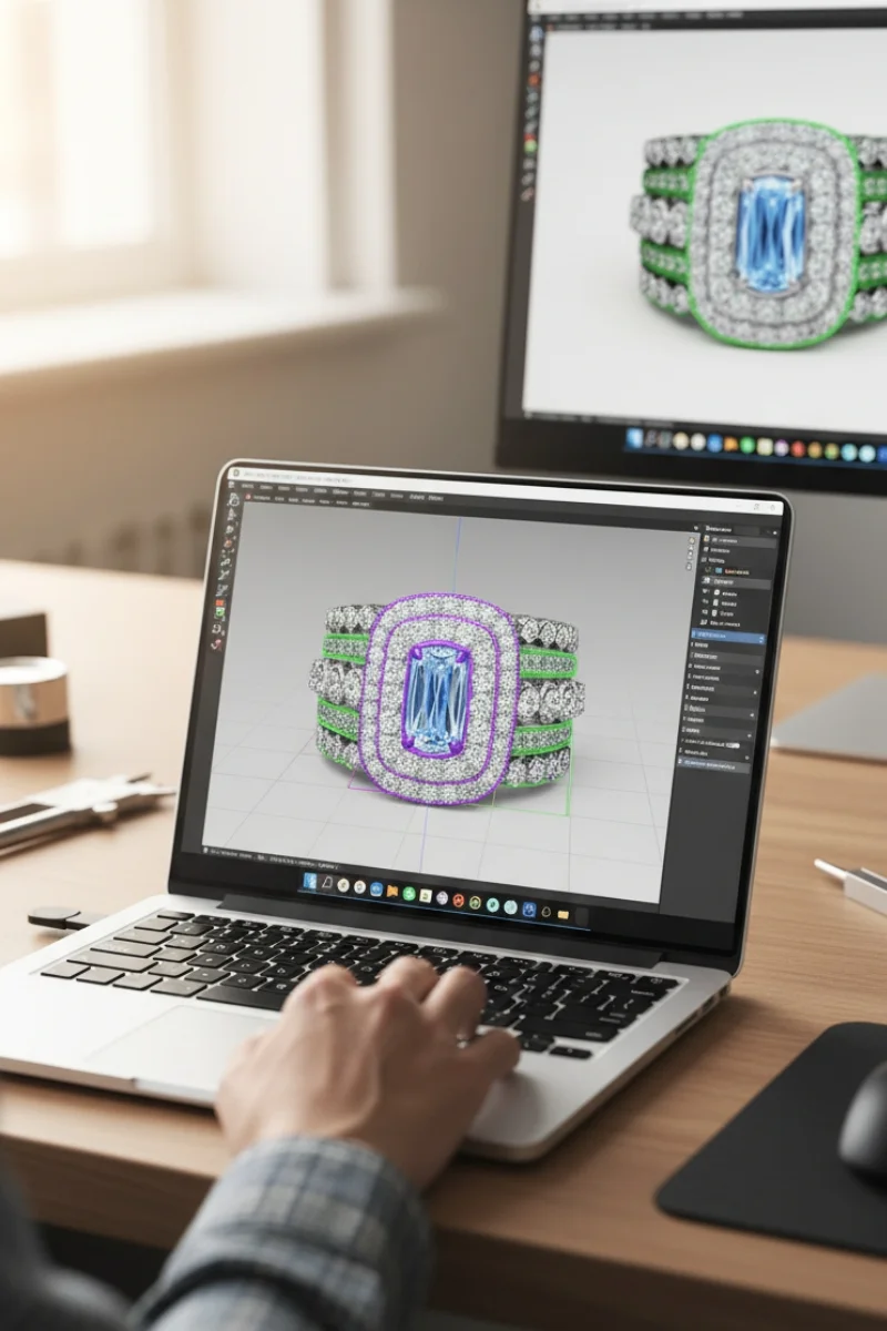 A 3D CAD render of a custom engagement ring design on a designer's screen