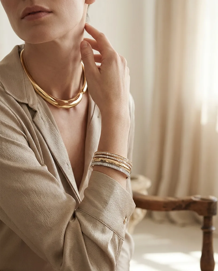 Illustration of a model wearing a sculptural gold collar layered with a stack of bangles