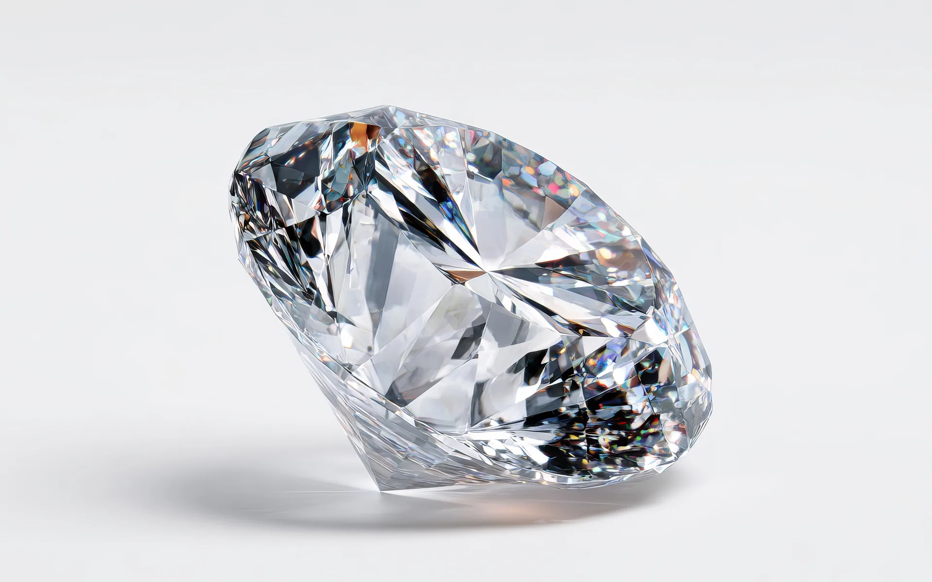 A loose round brilliant diamond resting on a white surface