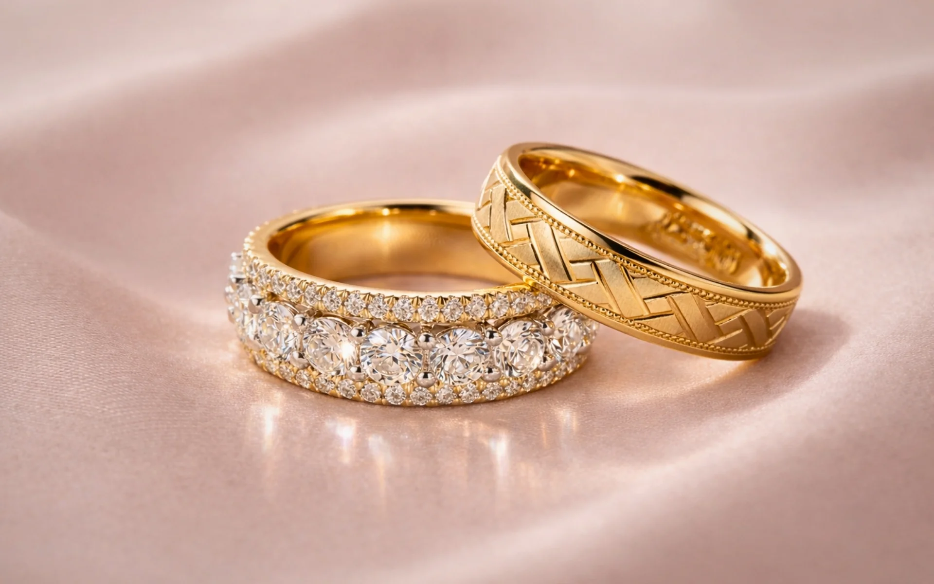 A selection of wedding bands in different metals displayed at J. David Jewelry